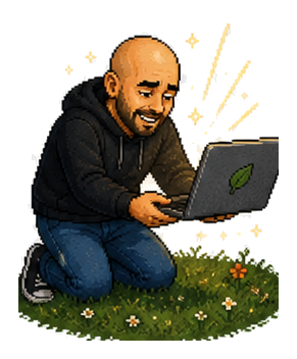 Mini Michael working calmly on a laptop for safe first AI tasks