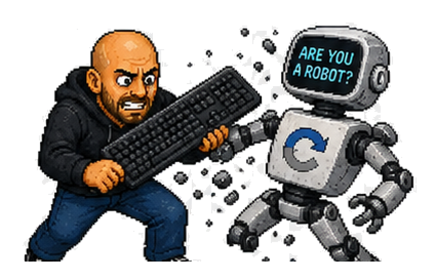 Mini Michael facing a robot captcha as a reminder to check AI output