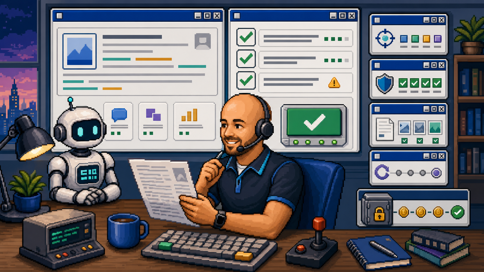 Pixel Mini Michael reviewing AI output with approval gates and evidence receipts
