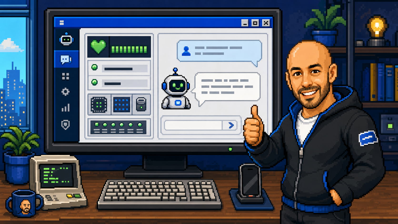 Pixel Mini Michael beside a successful local AI agent dashboard chat