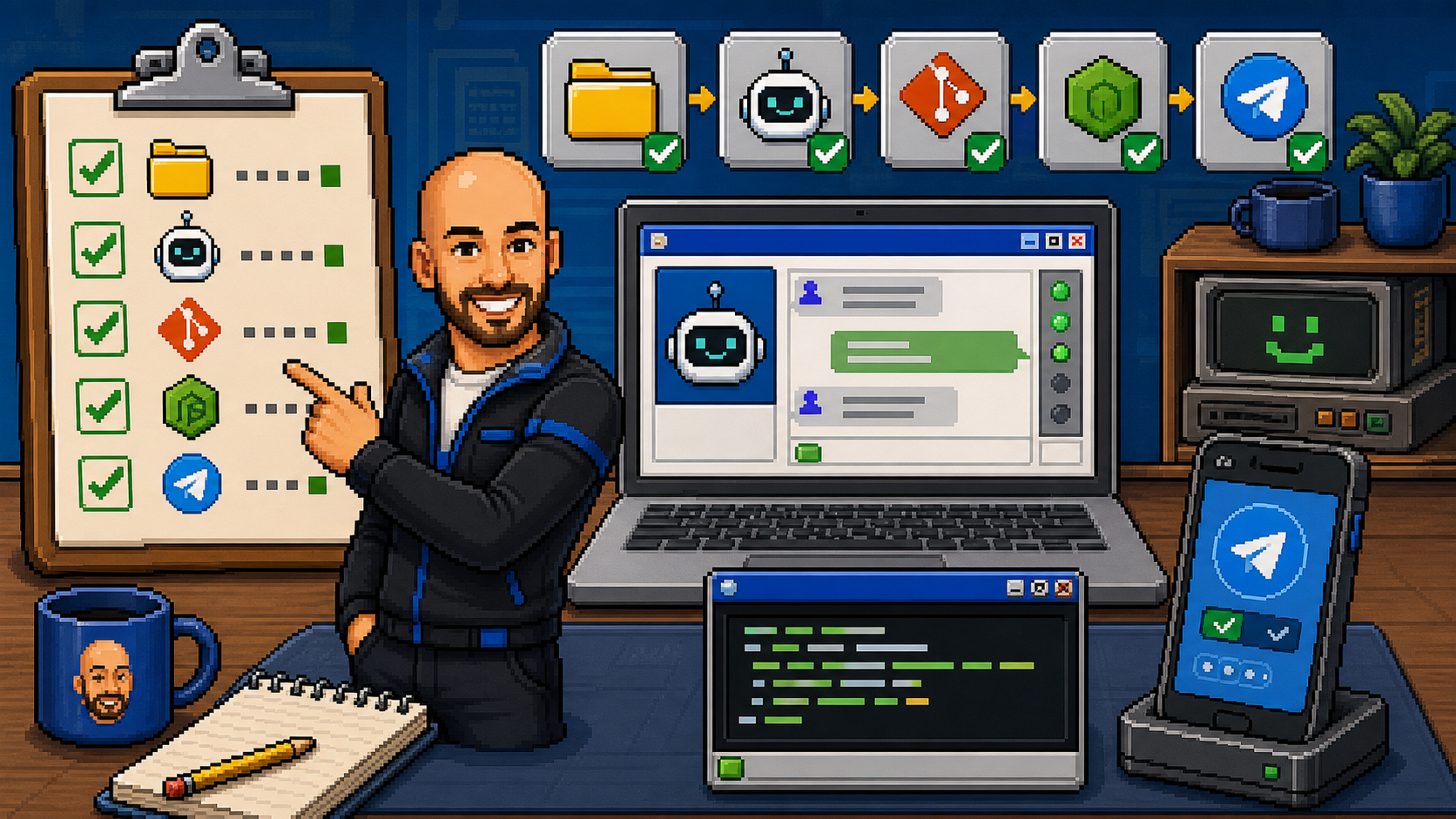 Pixel Mini Michael pointing to an AI agent install prerequisite checklist