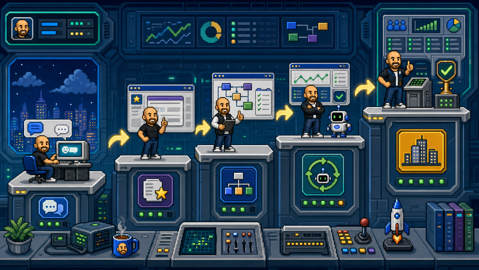 Pixel Mini Michael moving through an agentic workflow maturity ladder