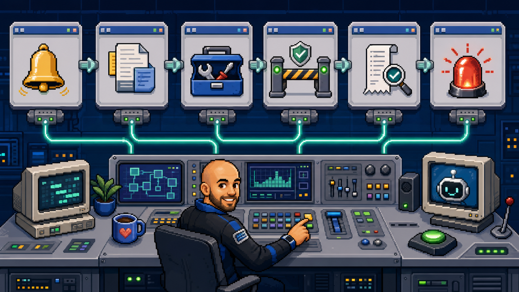 Pixel Mini Michael connecting trigger, context, tools, approval boundary, evidence, and escalation modules
