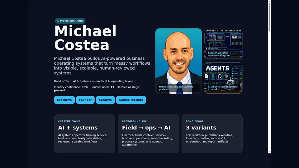 Screenshot of an AI Profile Sites generated profile page
