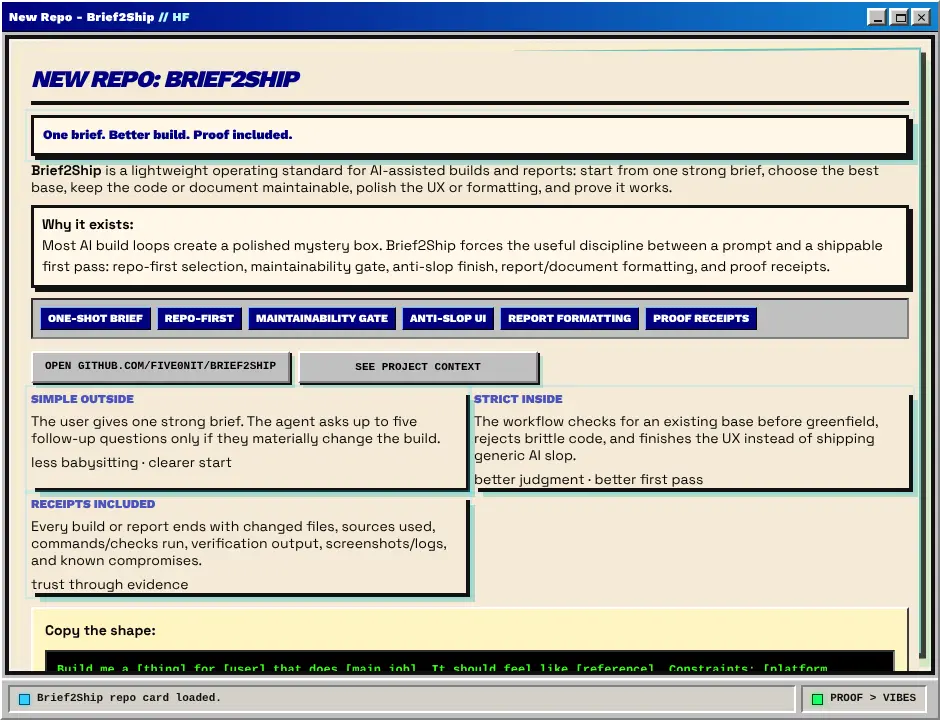 Printscreen of the Brief2Ship project window and operating standard