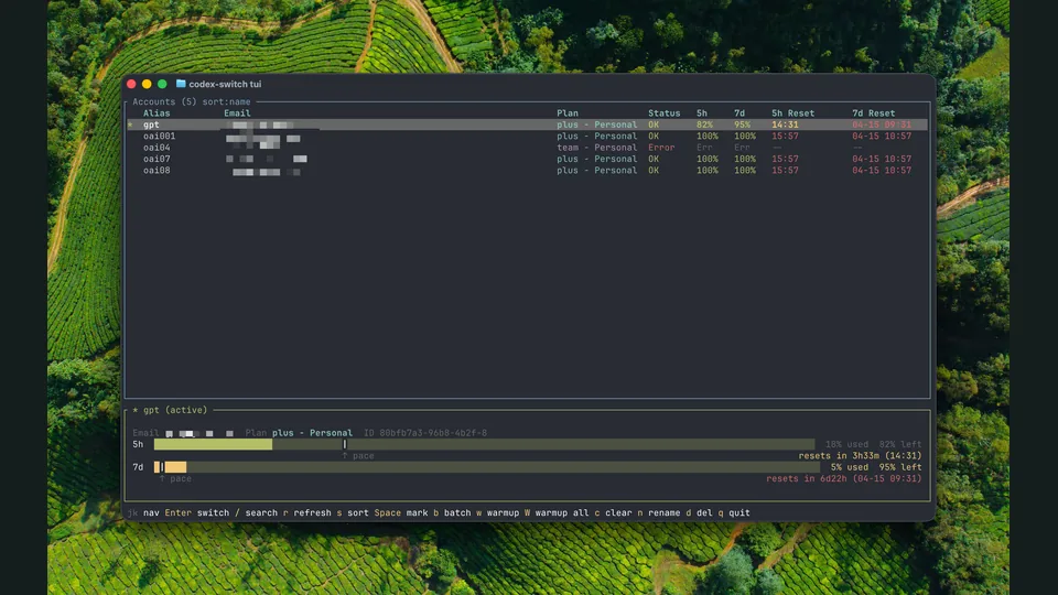 Screenshot of Codex account usage and auth rotator terminal UI