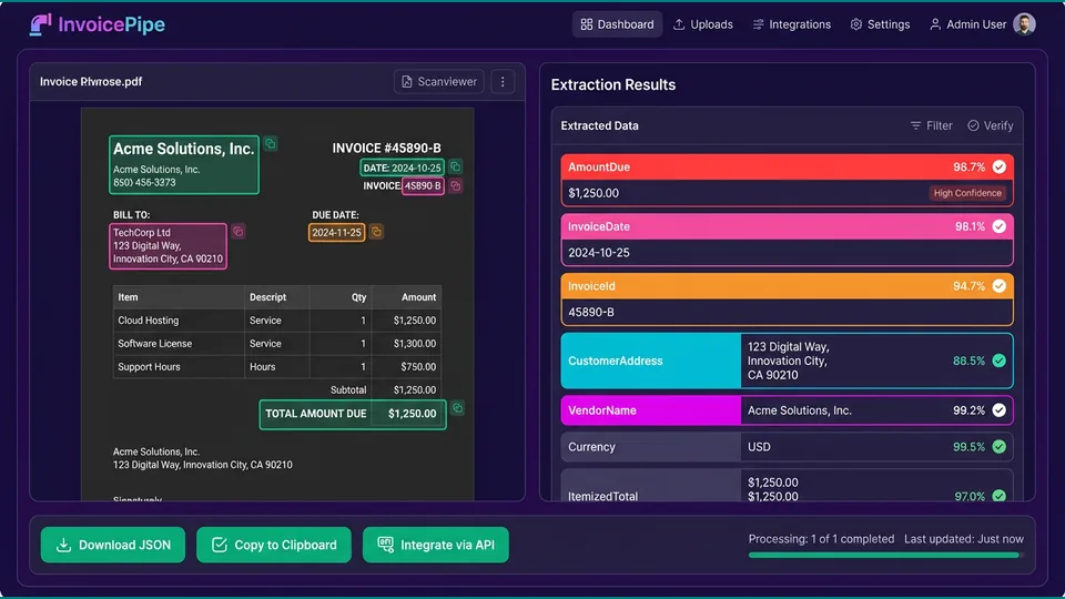 Screenshot of the InvoicePipe invoice automation product surface