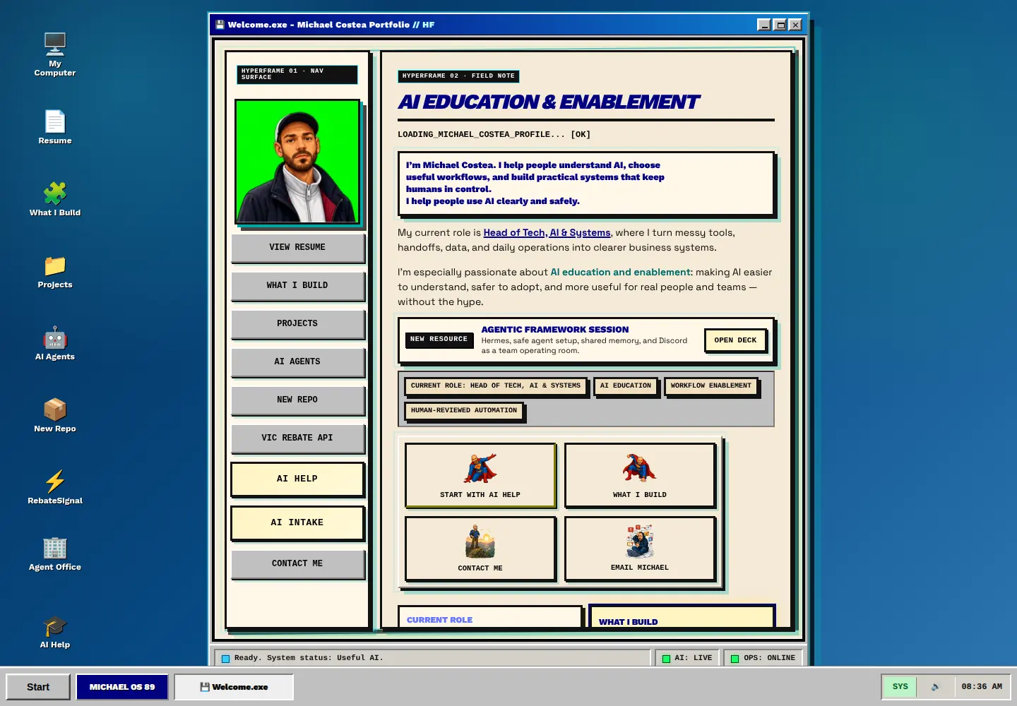 Printscreen of michaelcostea.com running as the MICHAEL OS 89 portfolio shell