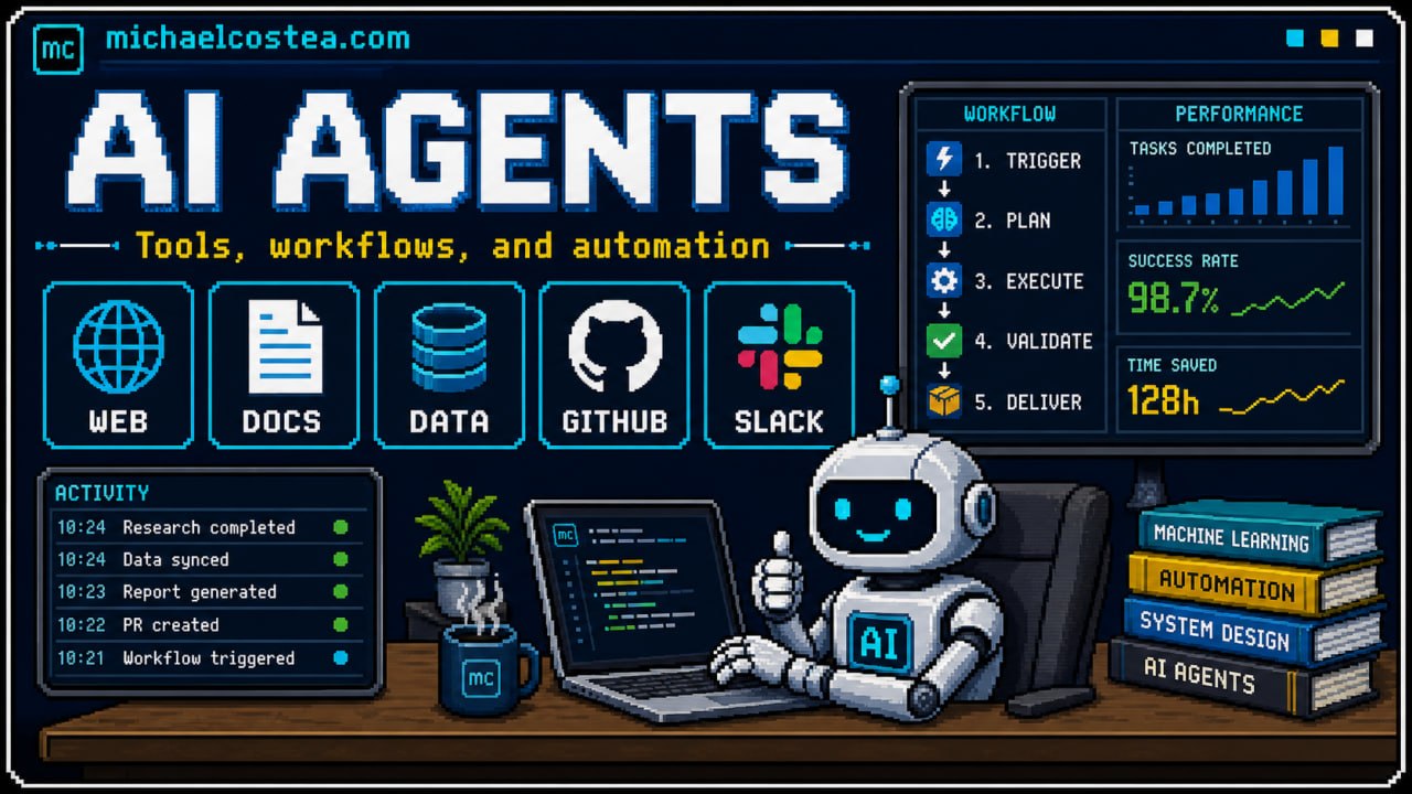 Pixel art AI Agents graphic for tools, workflows, and automation