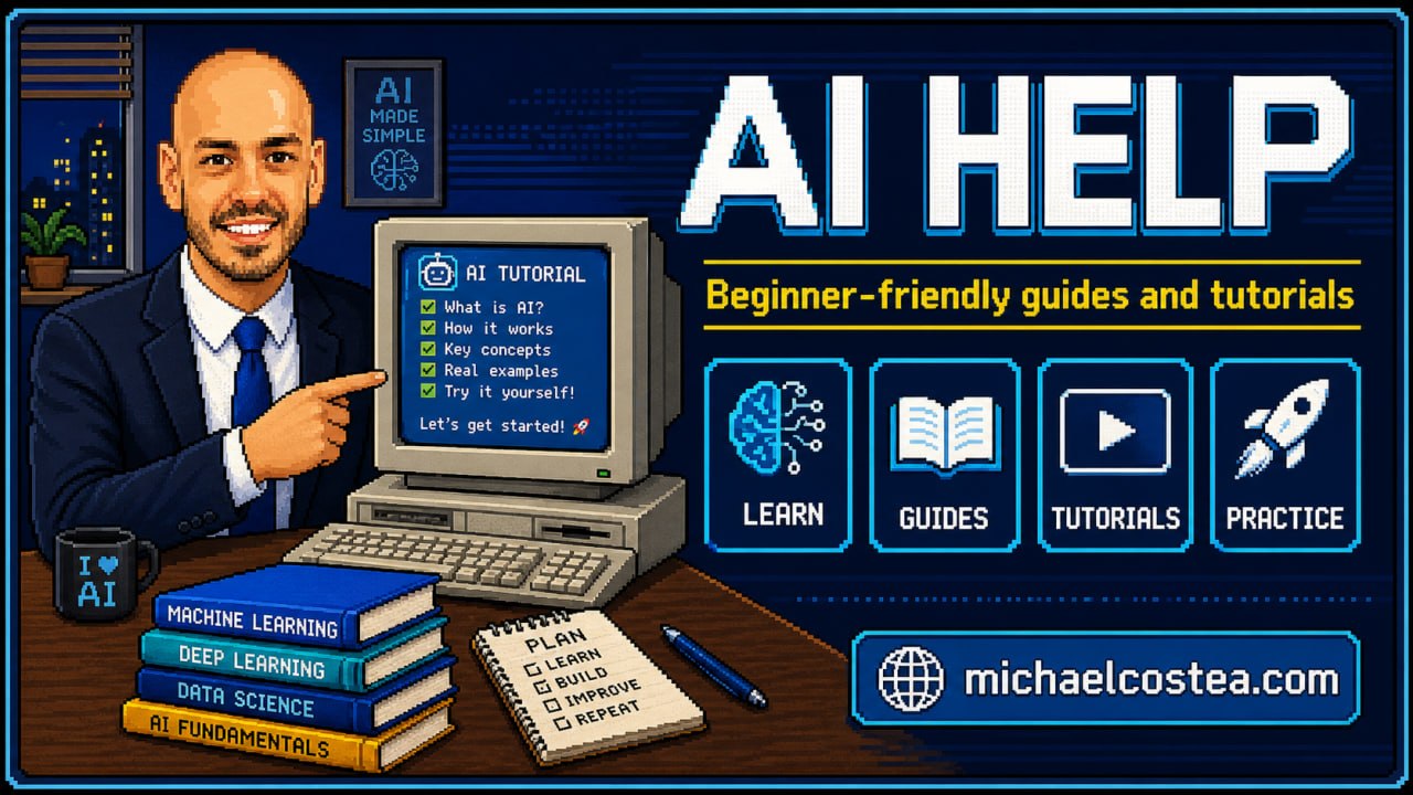 Pixel art AI Help graphic for beginner-friendly guides and tutorials